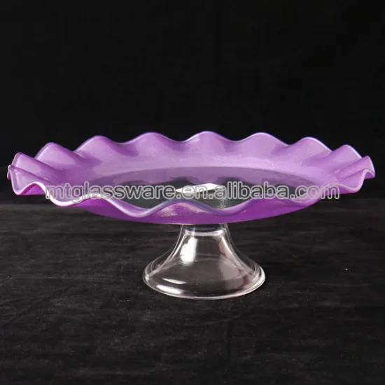 antique colorful glass cake plate with lacy rim