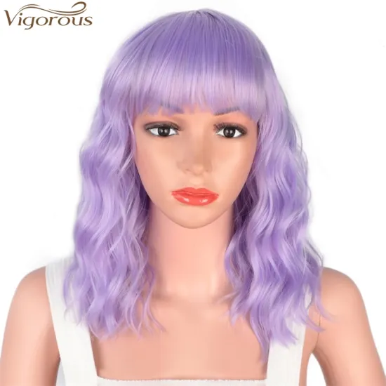 Vigorous Synthetic Short Bob Wigs for Black Women with Bangs Water Wave Purple Hair Wig Natural Cosplay Wigs