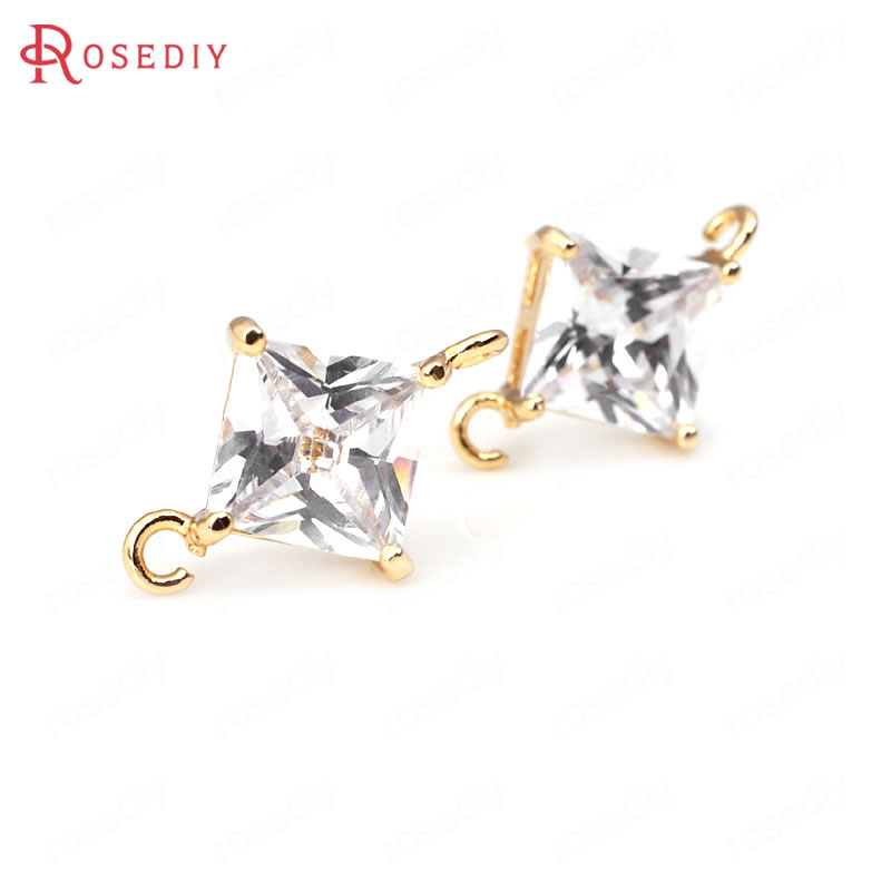 (31965)4PCS 6MM 8MM 24K Champagne Gold Color Brass with Zircon Square 2 hole Connector Charms High Quality Jewelry Accessories