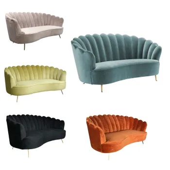 MRS Woods Blush Pink Velvet Shell Sofa with Gold Legs and Scallop Shape - Perfect for Hotel Living Rooms and Events