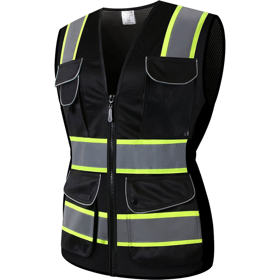 ANSI Women Black Reflective Safety Bestがポケット付き