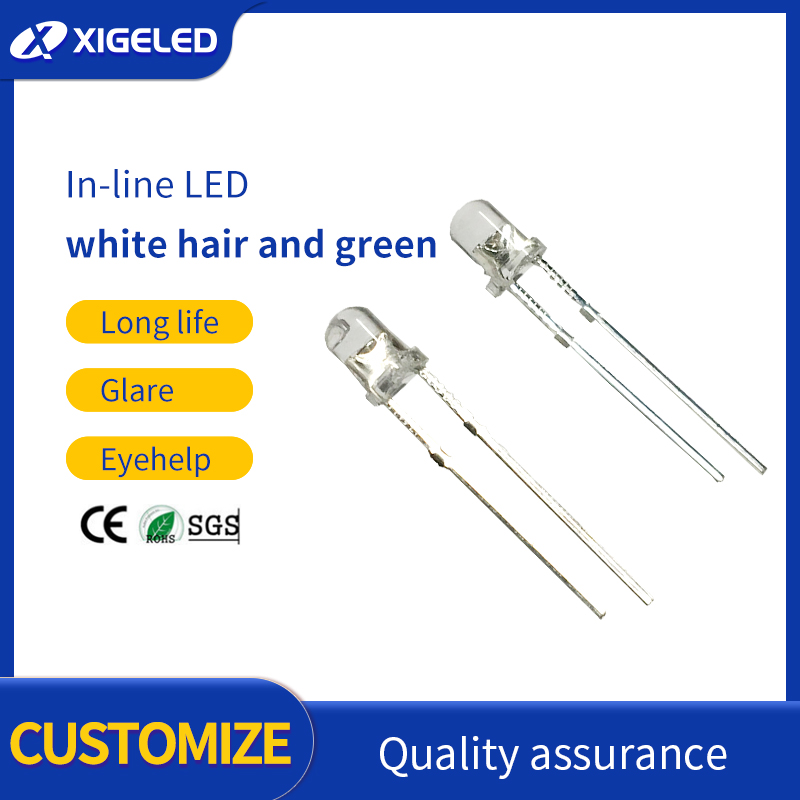 In-line LED 3MM white hair green short feet