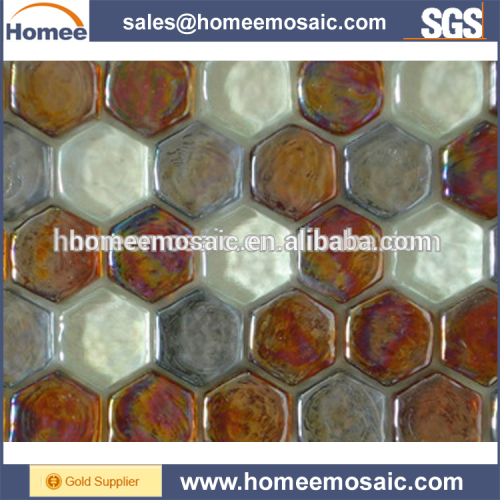 Iridescent hexagon glass mosaic tile for wall decoration