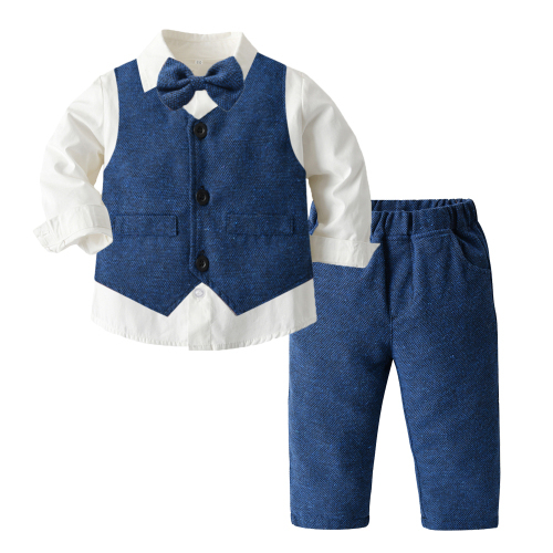 Top and Top Baby Boy Clothing Set Cotton Blue Vest Bow Tie Long Sleeve Shirt Pants Newborn Wedding Formal Party Wear Costume