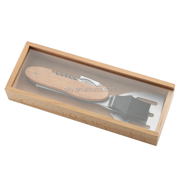 High Grade Promotion Gift: 5-in-1 Multifunction BBQ Tool with Wooden Box Packaging