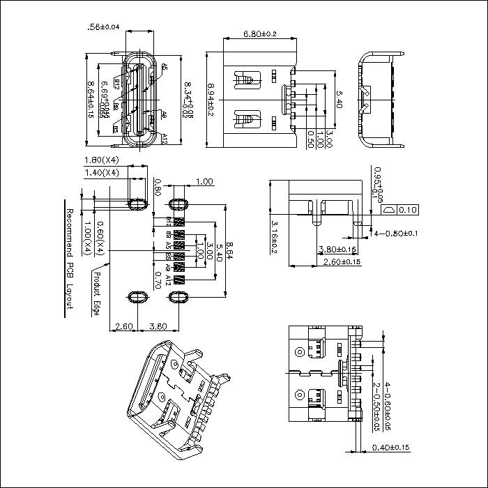 U3.1FM10-SLXXXX USB 3.1 C TYPE Receptacle Without Rear Cover Type Insertion Distance 6.20MM