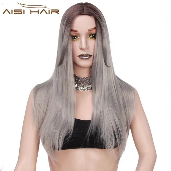 Aisi Hair Long Ombre Grey Color Hair Synthetic Straight Wig Hair For Black Women Heat Resistant Fiber