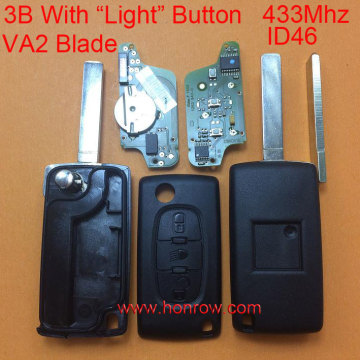 Hot sale products--Original Citroen FSK 3 button flip remote key with VA2 307 blade (With Light button) 433Mhz ID46 Chip (Befor