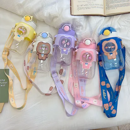 Cartoon Cute Plastic Cup High Temperature Portable Straw Cup Diagonal Strap Water bottle cute water bottle