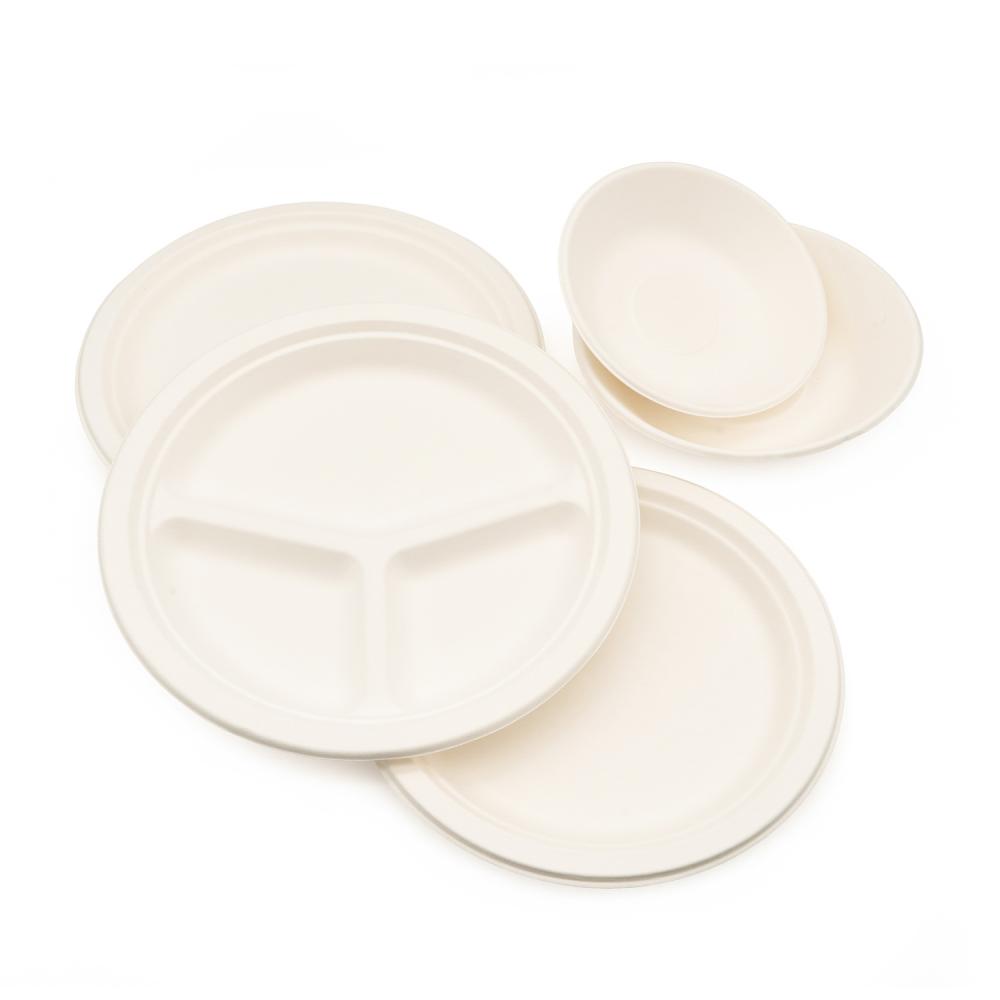 9 inch round disposable 3 compartments tableware sugarcane bagasse pulp paper party plate compostable