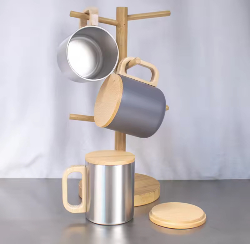Stainless Steel Mug with Wooden Handle and Lid