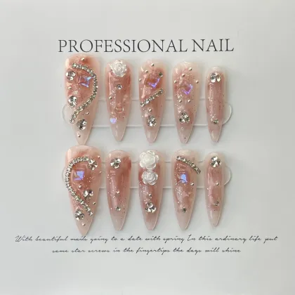 Rhinestone Flower Long False Nails - Press on Manicure Wear