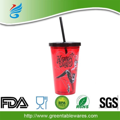 Portable 450ml Hard Straw Cup with Lid/Acrylic Drinking Cups With Lid and Straw/Clear Plastic Travel Cup with Straw