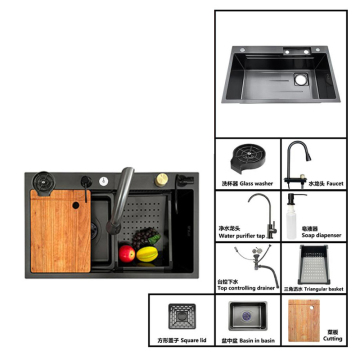 Lavello da cucina in acciaio inossidabile con serie di scarichi di controllo superiore per maneggiare l'effetto delle cascate piovane