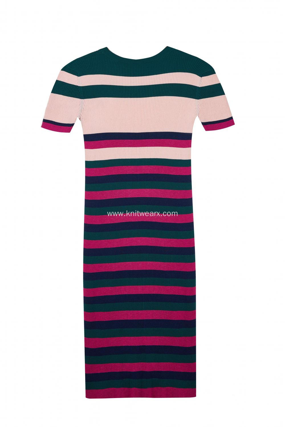 Women's Knitted Short Sleeve Stripes Stretchable Slim Dress