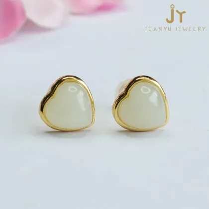 925 Sterling Silver Heart-Shaped Jade Earrings with Gold Plating - High Quality Hetian Natural Jewelry