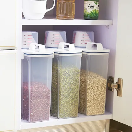 Plastic multi-grain sealed jar in kitchen