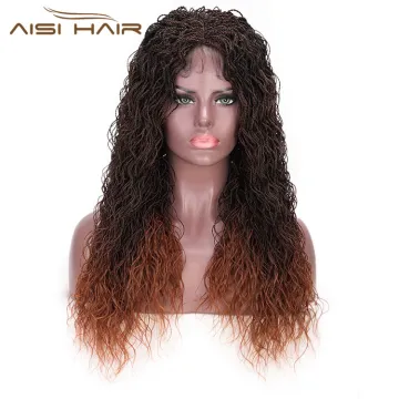 Aisi Hair Synthetic Twist Braided Lace Front Long Wavy Wigs Ombre Brown Senegalese Lace Front Long Braided Wigs For Women