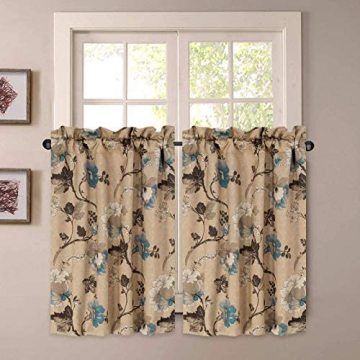 24'' Length Vintage Floral Brown Blue Kitchen Curtain