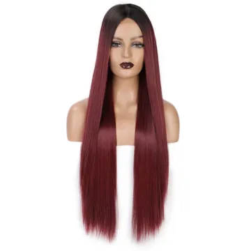Aisi Hair Long Silky Straight Ombre Wine Synthetic Fiber Wigs For Black Women Long Middle Part Machine Made Synthetic Wigs