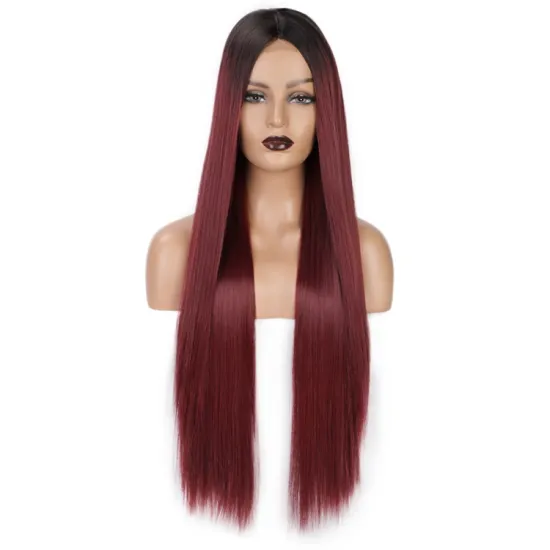 Aisi Hair Long Silky Straight Ombre Wine Synthetic Fiber Wigs For Black Women Long Middle Part Machine Made Synthetic Wigs