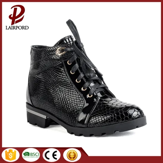 Falt genuine leather black winter women shoes