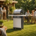 Parrilla de barbacoa de gas propano líquido estándar de 3 quemadores con gabinete de una sola puerta de acero inoxidable y estantes laterales