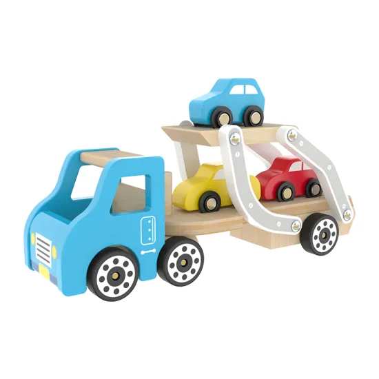 Wooden Car Toy Set: Gift Double Deck Garage Trailer Transporter Vehicles with 3 Mini Foldable Ramps for Kids