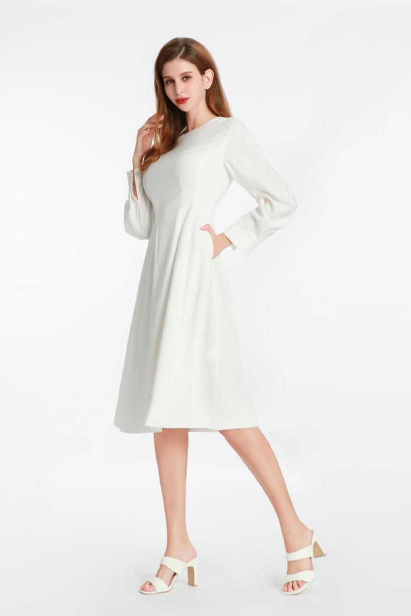 White Long-sleeved Dress with a Small Round Collar