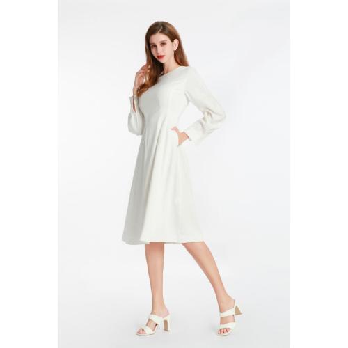 White Long-sleeved Dress with a Small Round Collar