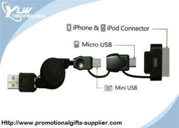 3 In 1 Micro Usb Apple Iphone Accessories Cable For Ipod , Ipad , Iphone4 27.5 Inches