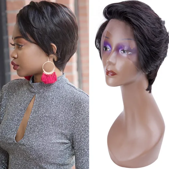 Wholesale Unprocessed Human Virgin Natural Color Swiss Lace Wig Black Color Short Length Lace Frontal Human Hair Wig