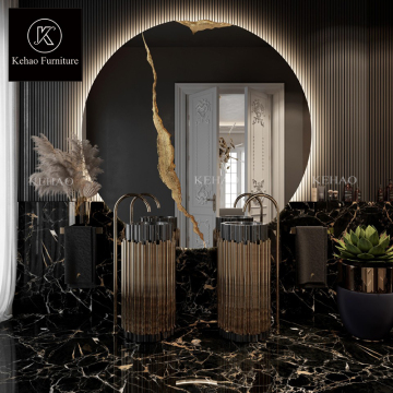 Modern Design Stunning Guest Bathroom: Freestanding Gold Stainless Steel Framed Black Marble Washbasin Sink
