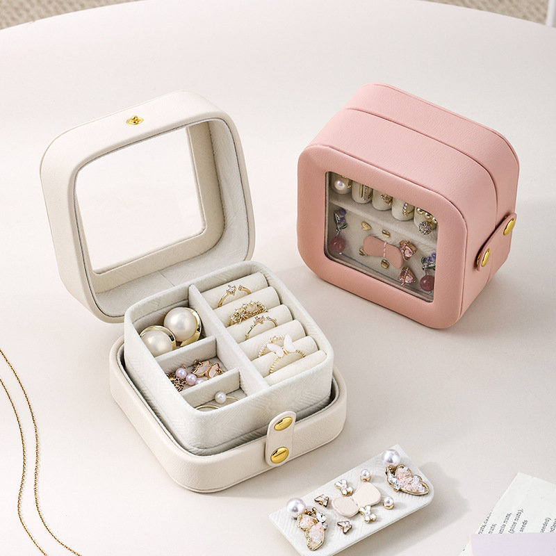 Portable Square transparent PU Travel Storage Jewelry Case