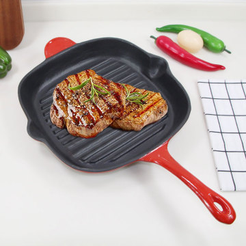 17.2cm Enamelled Cast Iron Square Griddle Grill Pan: Perfect for Indoor Cooking with Ridges, Helper Handle, and Pouring Spouts for Easy Drainage
