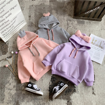 Children's solid color plus velvet hoodie for girls bow hooded toddler hoodie