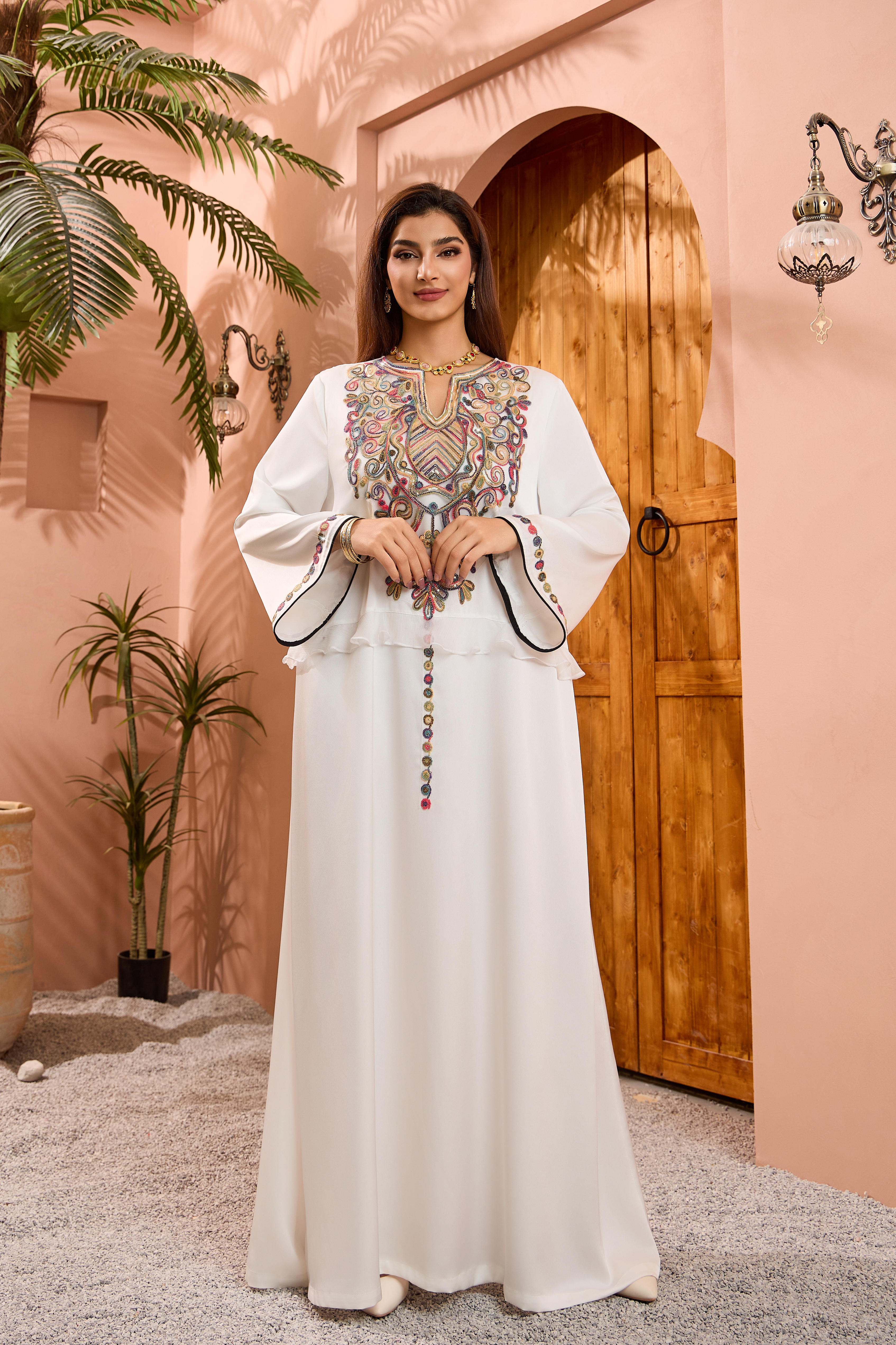 white floral applique ruffle satin abaya model styling view 05