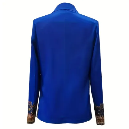 Elegant Blue Floral Print Turn-Down Collar Blazer