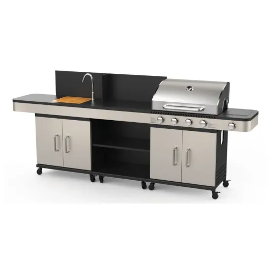 Outdoor Kitchen Stainless Steel 4 Burners Gas Grill with Worktable and Cabinet