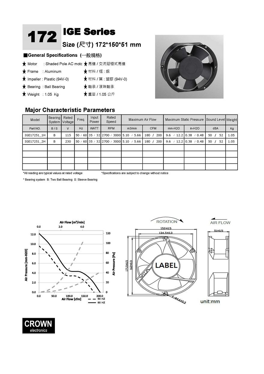 크라운 110V 230V 17251 축 흐름 AC 팬