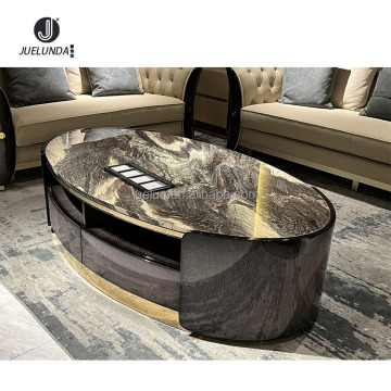 Modern Glossy Wooden Veneer Coffee Table Set with Storage and Drawers