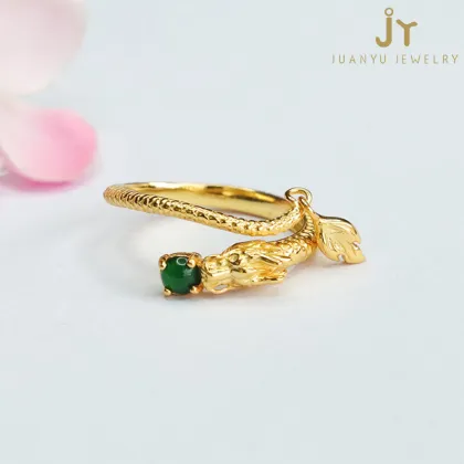 Chinese Zodiac Green Myanmar Jade Dragon Shape Rings in S925 Silver - Natural Jadeite Jewelry