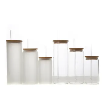 Clear Transparent 12 oz, 16 oz, and 20 oz Coffee Drinking Beer Glass Can Bottle Cup with Bent Glass Straw and Bamboo Lid: Perfect Beverage Container for Home and Outdoor Use