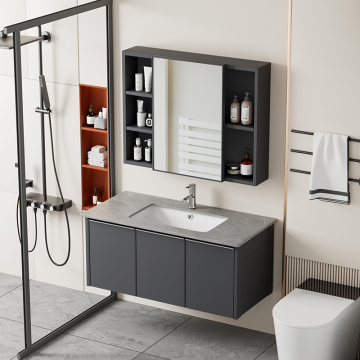 Custom Simple Beautiful Mirror Large Capacity Storage Bathroom Cabinets Ceramic Rock Slab