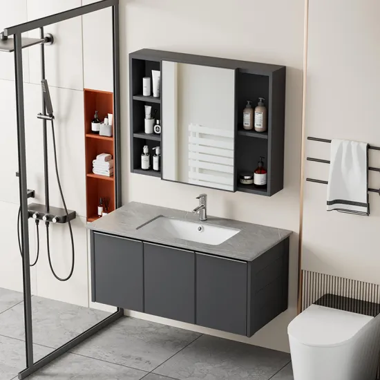 Custom Simple Beautiful Mirror Large Capacity Storage Bathroom Cabinets Ceramic Rock Slab