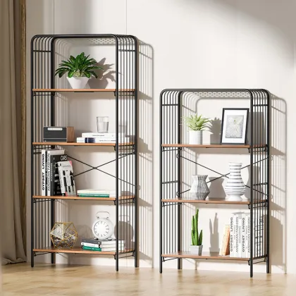 WireKing 4 Tier Multi-functional Metal Bookshelf Speakers Wood Bookcase
