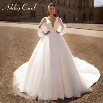 Ashley Carol Satin A-Line Wedding Dress 2020 Sexy V-neck Backless Shining Puff Sleeve Vintage Wedding Gowns Vestido De Noiva