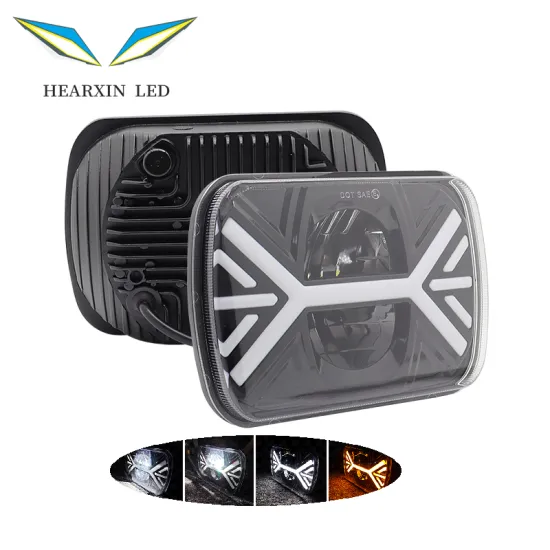 7 Inch Rectangular Amber Turn Signal Hi/Lo Beam DRL Headlights + H4-3 Pin Adaptors