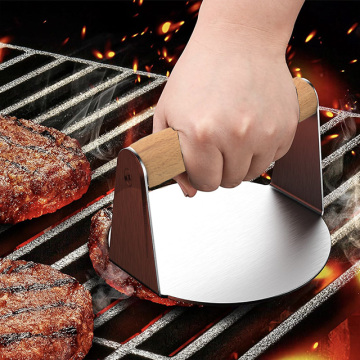 Tekan burger bundar stainless steel berkualitas tinggi dengan pegangan kayu