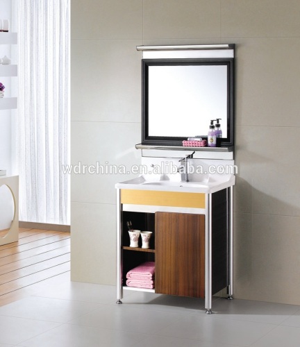 Mirror home store and washing basin floor standing smooth wood cabinet